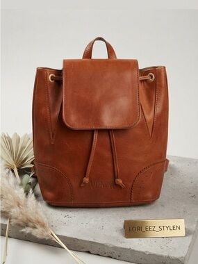Vintage Valentina Cognac Leather Backpack with Drawstring Flap